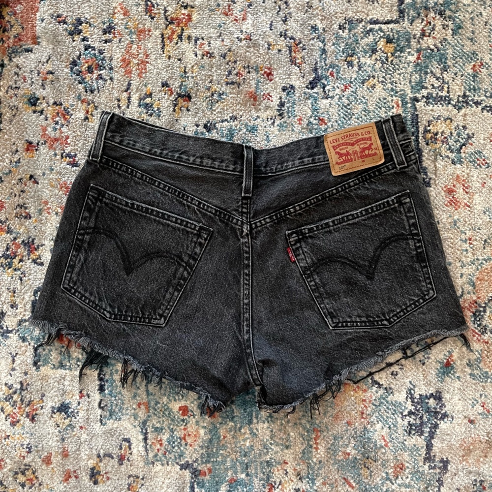 Levi’s 501 distressed denim jean shorts, washed black size 30